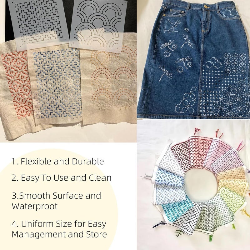 JDRGJTH 32 PCS Sashiko Stencil Kit, 5.1 x 5.1 Inch Plastic Geometric Sashiko Pattern Template Drawing Line Embroidery Pattern for Sewing Hand Quilting and Embroidery - Image 3